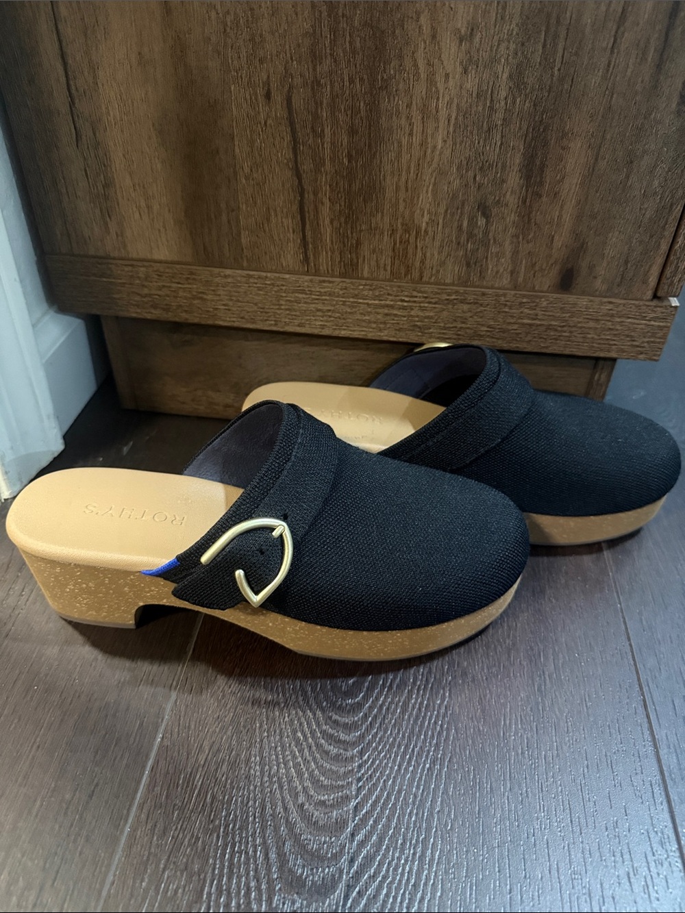 Rothy's Black Canvas Clog Mules with Tan Cork-Look Platform and Gold Buckle